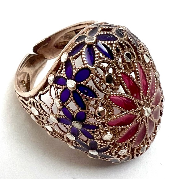 NWT 925 ST SILVER & ENAMEL PERFORATED FILIGREE FLOWERS RING - Picture 13 of 13